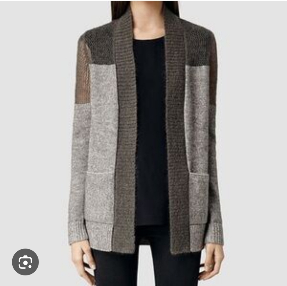 All Saints Mohair Blend Gray and Brown Open Front Sweater Cardigan Size 2